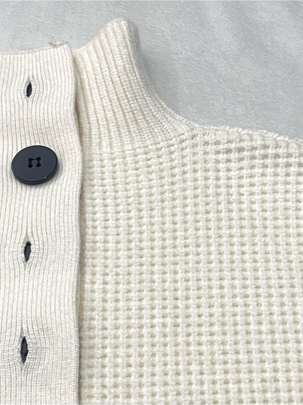 Vita Grace Cream and Navy Soft Thick Button Up Neck Waffle Sweater Women's Top - Picture 14 of 16